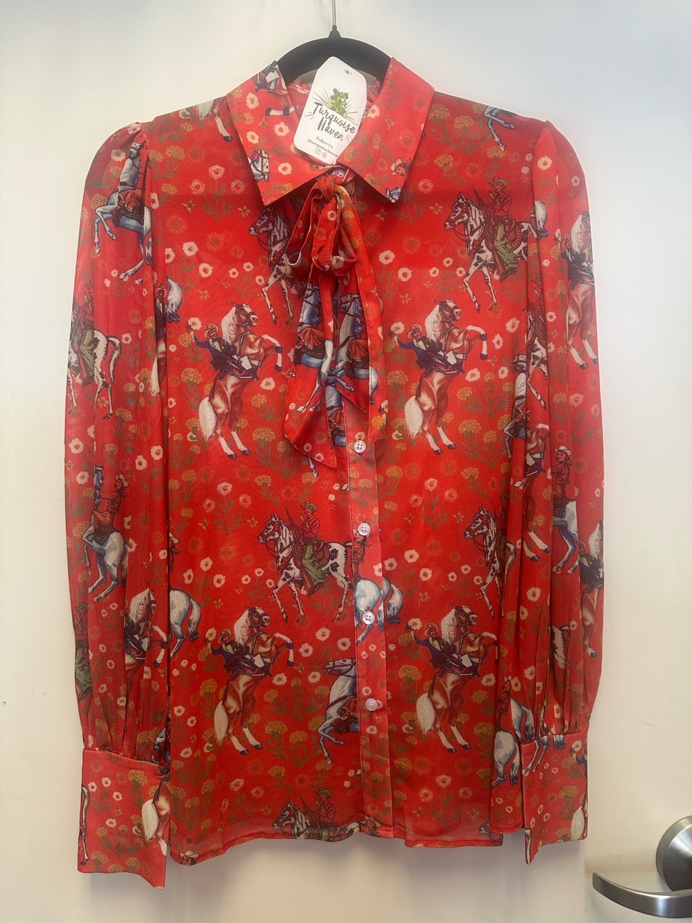 Tie-Neck Printed women’s Shirt in Red